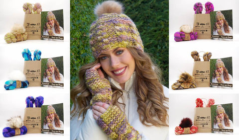 Joan Hat & Wrist Warmers Knit Kit in Tierra del Fuego with Pom Pom